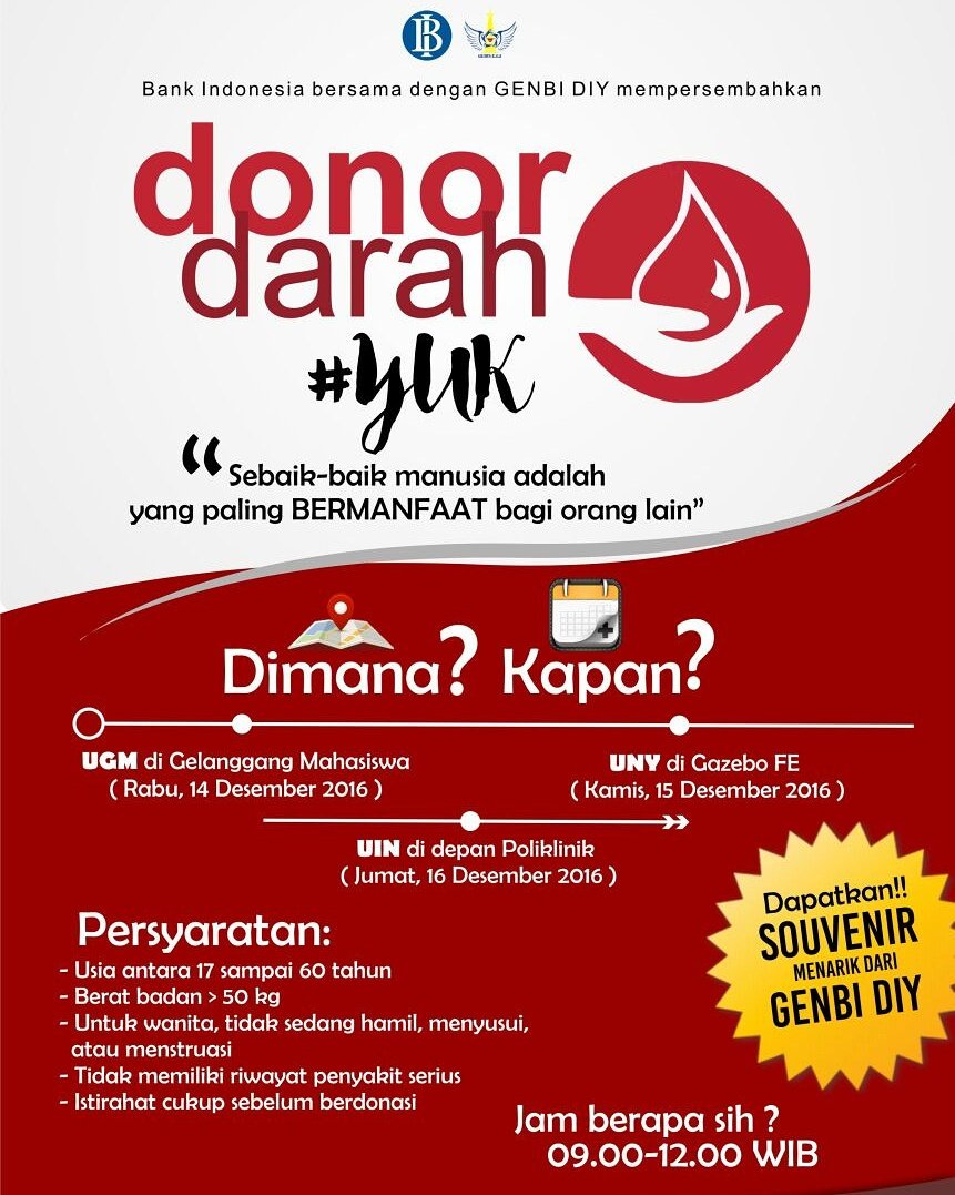 genbidiy's tweet photo. Berbagi tak akan rugi..  Yuk bergabung dalam acara donor darah bersama GenBI Yogyakarta..  Ditunggu kehadirannya kak 🙌🙌🙌 https://t.co/7F16uIlhx6