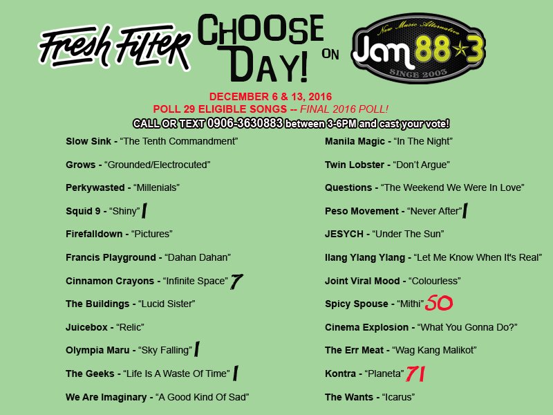 Jam883's tweet image. #FreshFilter #ChooseDay Poll 29 final 2016 poll Round 1 results: