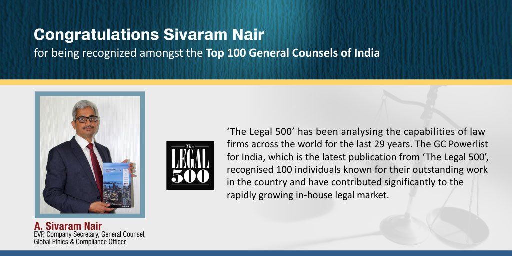 Mphasis's tweet photo. Congratulations @Sivaram_Nair for being recognized among the Top 100 Legal Counsels of India @gcpowerlist https://t.co/6T8VgChOJZ