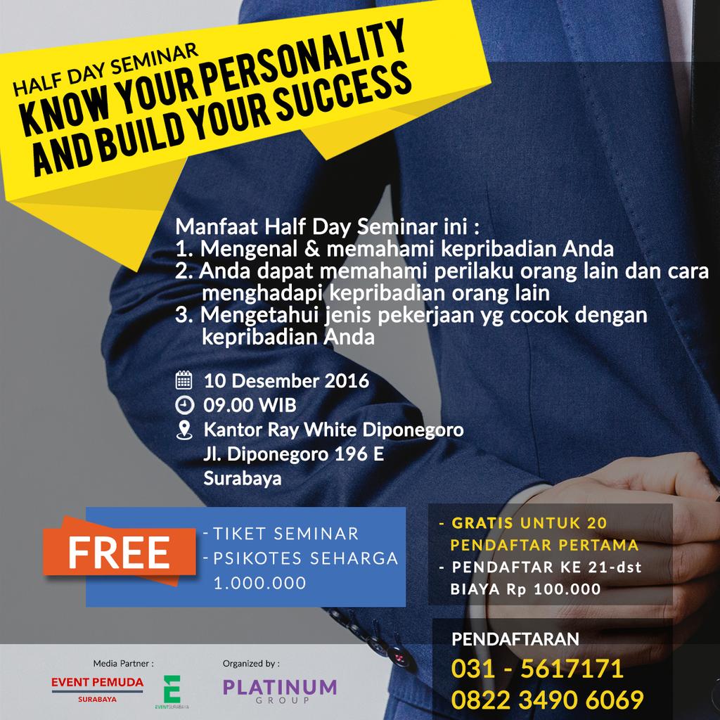 Half Day Seminar
Know Your Personality and Build Your Success
Pukul 09.00
10 Des 16
<a href="/Kantor/">김대영의 혈액사랑</a> Ray White Diponegoro