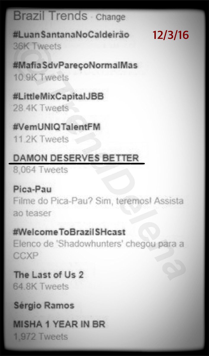 iTrendDelena's tweet photo. "DAMON DESERVES BETTER" TRENDING WORLDWIDE and in BRAZIL on 12/3/16 https://t.co/X0UUTxok9e