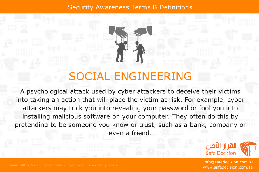 safedecisionKSA's tweet photo. #Security #awareness Term & Definition
#CyberSecurity #informationtechnology #Safe_decision #أمن_المعلومات #تقنية_معلومات #SocialEngineering https://t.co/54CIATbtrw