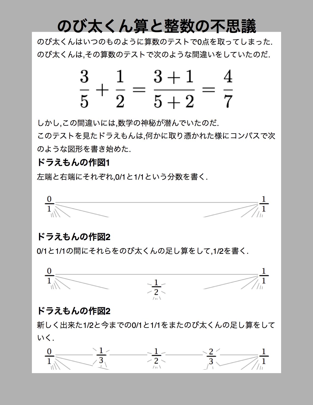ますらぼ 3つ目の展示は のび太くん算と整数の不思議 正式名称は ファレー数列 と呼ばれるもので のび太くんが分数の足し算 をするときに分母を一緒にせずに足してしまった というミスから整数論の綺麗な性質が示されるという展示です T Co