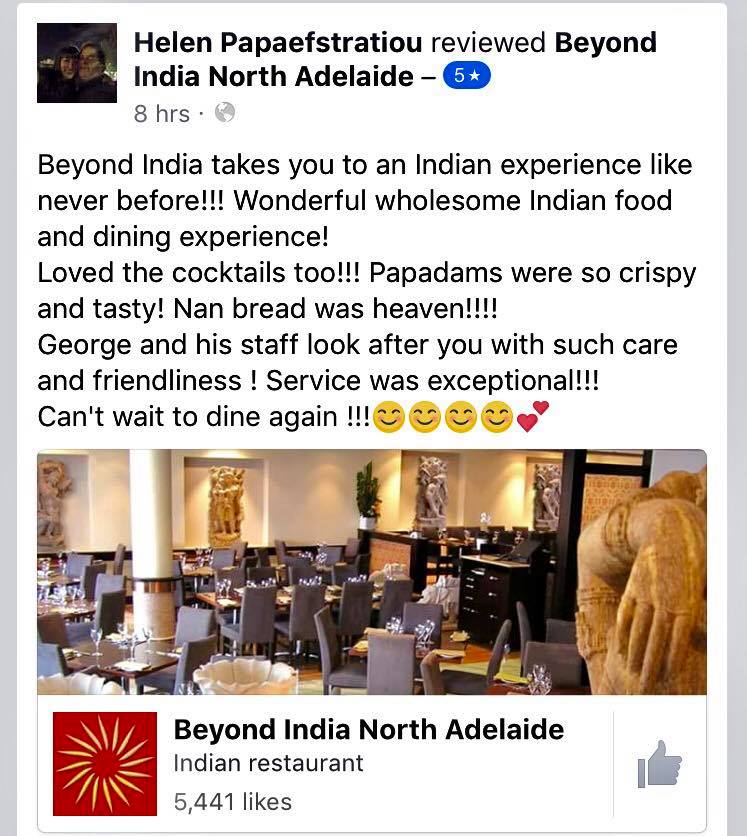BeyondIndiaR's tweet photo. BIG thanks to Helen for a great review of our food, service and staff.
 #BeyondIndia #review #adelaide #restaurant #CustomerExperience https://t.co/xVZeBQnfSC