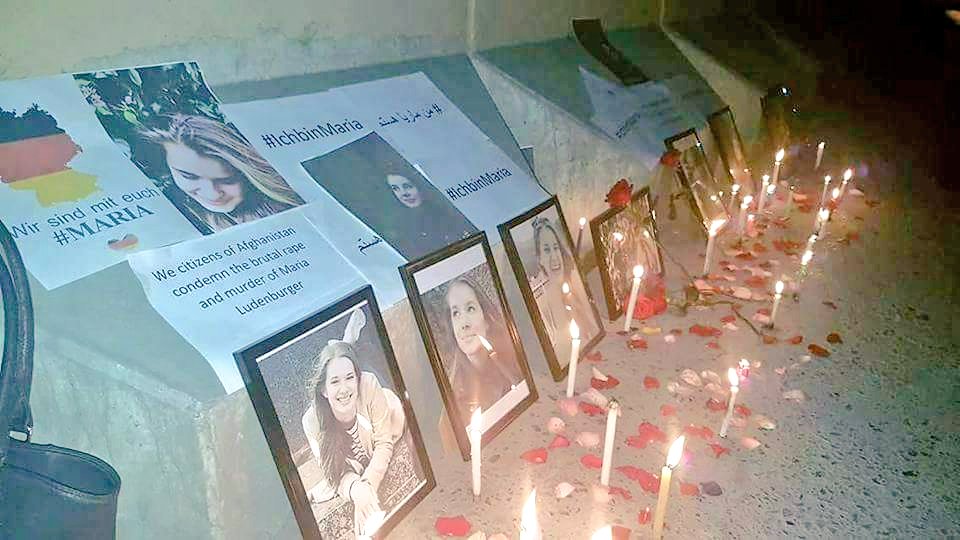 AmanHosnia's tweet photo. In memory of Maria Landenburger held candlelight vigil in front of #GermanyEmbassy In #Kabul
#IAmMarai https://t.co/fgz7cAuJyy