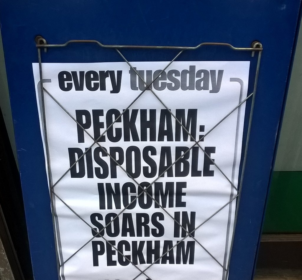edreyesjourno's tweet photo. I'd avoid Peckham on Tuesdays - TBH it gets a bit mad with all the extra cash washing about. https://t.co/USmYqhu9Mu
