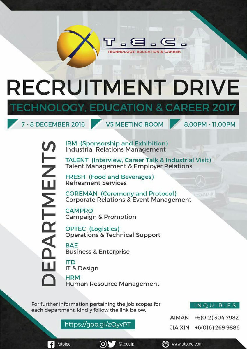 TECUTP's tweet photo. Tonight's the last recruitment drive so don't miss this opportunity to be part of our family. See you there ! 😀
#TEC17isComing #SaveTheDate https://t.co/88QMy7VGTQ