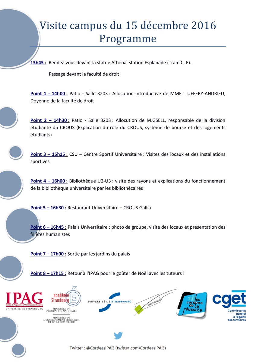 Programme visite campus <a href="/unistra/">-</a>
Intervention de MME le Doyen fac drt, du <a href="/Croustrasbourg/">Crous de Strasbourg</a>, @BU_Unistra, avec 40 lycéens #cordees #ipag