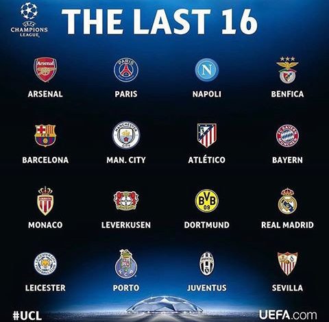 A_Futbol's tweet photo. Estos son los 16 equipos clasificados para los octavos de final de la Champions League https://t.co/4ZJPfRGMab