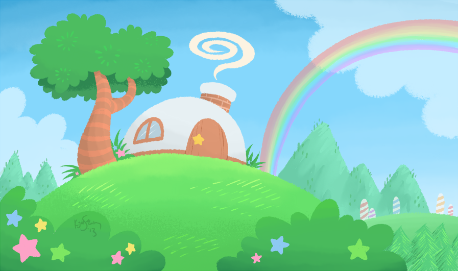 + dome home, just atop of a large, grassy hill with a lone, bushy tree! 

"Yay, home at last!" And I safely slowed down the Warp Star to a +