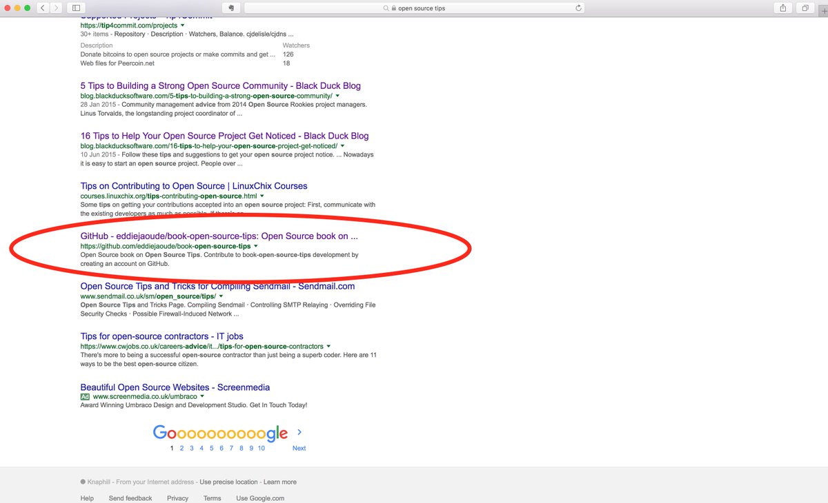 eddiejaoude's tweet photo. My #OpenSourceTips book is on page1 of #Google :). Keep the contributions (inc. ideas etc) flowing https://t.co/5SnGgmgjl9 #code #opensource https://t.co/H4lPFnqOKt