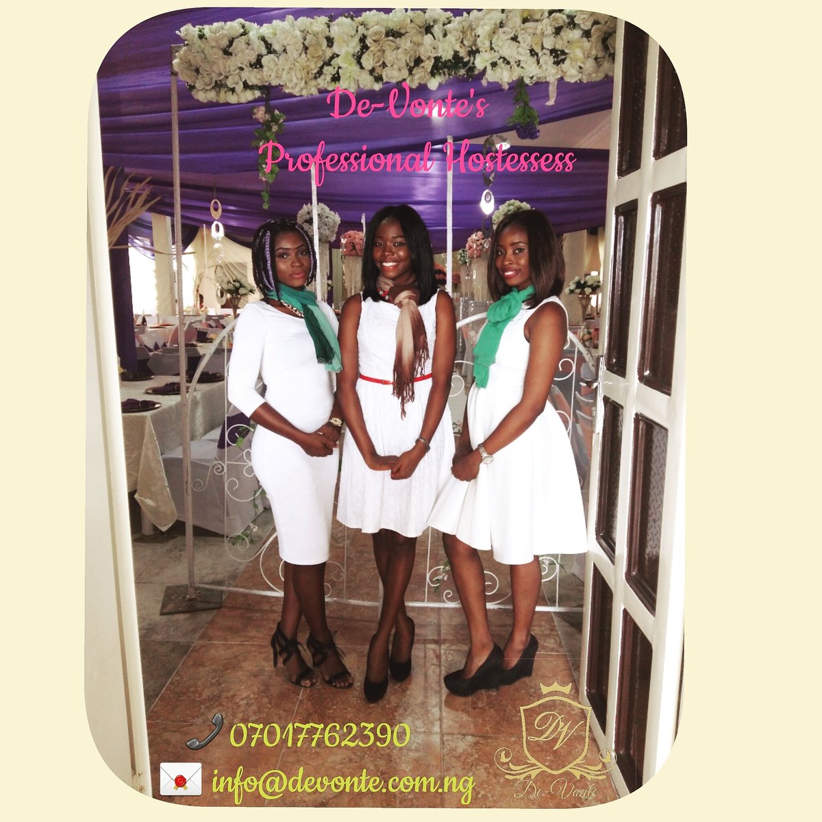 Devvonte's tweet image. De-vonte's professionally hostesses at your service. Call us today to usher for your events.   Contact us : 07017762390  info@devonte.com.ng
