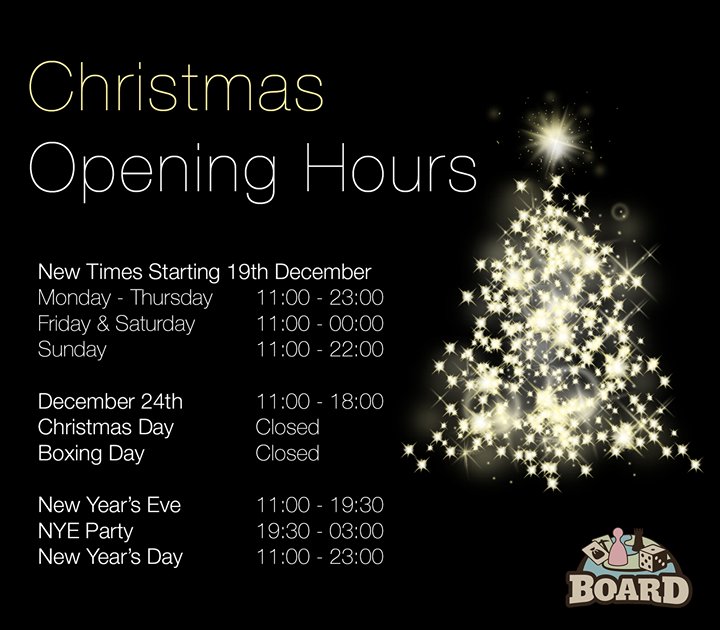 PlayAtBoard's tweet image. Starting just in time for Christmas, we have new opening hours! 🎄🌟

Details on our New Yea… ift.tt/2eg900U