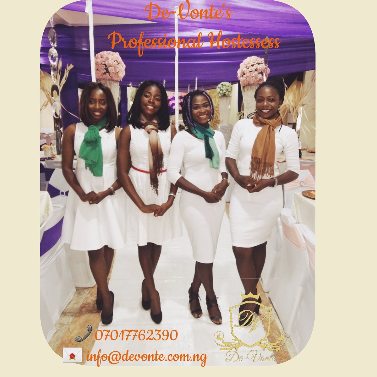 Devvonte's tweet image. De-vonte's professionally hostesses at your service. Call us today to usher for your events.   Contact us : 07017762390  info@devonte.com.ng
