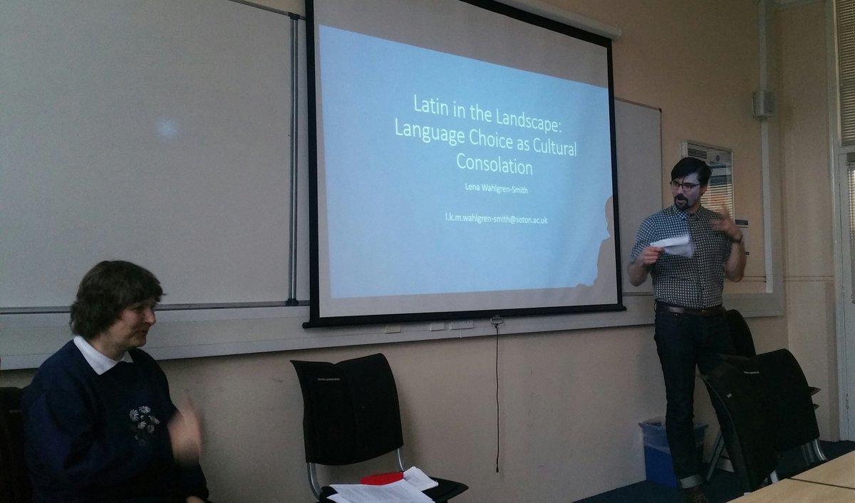 SotonEnglish's tweet photo. @Matthieukk introduces Dr Lena Wahlgren-Smiths presentation on #LatinInLandscape during out Work in Progress seminar yesterday. https://t.co/NhdoWn2bsy