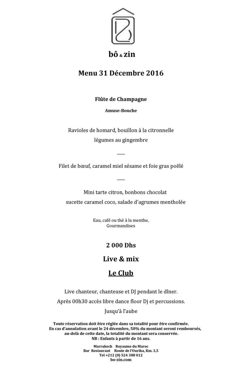 Menu nouvel an au bô-zin. 
info/réservation: 0524388012 contact@bo-zin.com
#Marrakech #Restauant #Menu #nouvelan #2017
