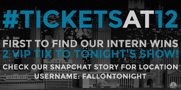 FallonTonight's tweet photo. #TicketsAt12 time! Check our @Snapchat story to find out where our intern is hiding. https://t.co/klStp0p0zT