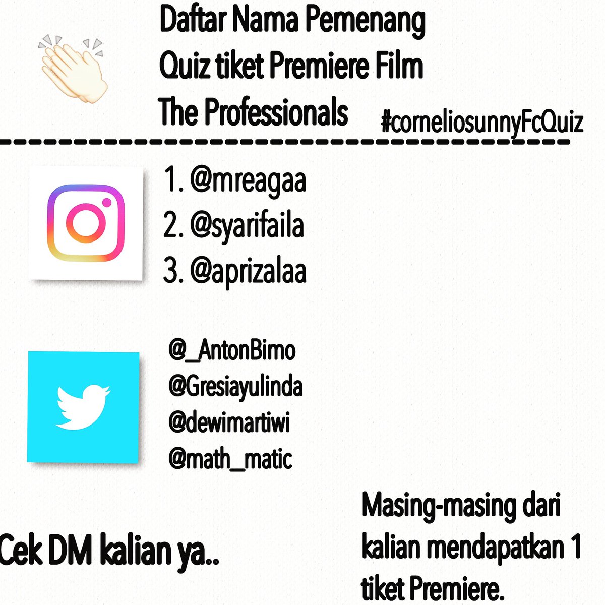 Selamat buat kalian yang ikutan . 
____________________________
📽 Twitter : 1) @_AntoBimo 2) @Gresiayulinda 3) @dewimartiwi 4) @math_matic