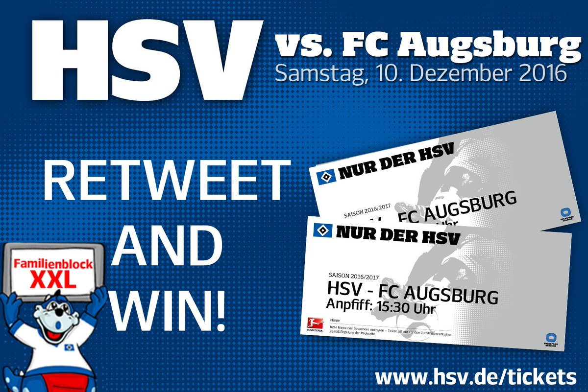 HSV's tweet photo. ⚡ RETWEET &amp; WIN ⚡
2x2 Tickets für #HSVFCA!
Wer nicht gewinnt - es gibt noch reichlich Tickets im Familienblock XXL: https://t.co/lkOUiPRJp3 https://t.co/mAMaO4pQgc