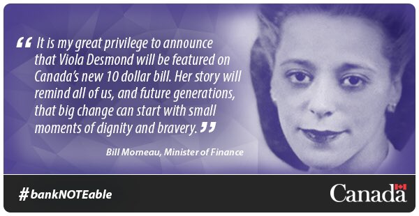 It's my privilege to announce that Viola Desmond will be the first Canadian woman on a bank note. #bankNOTEable