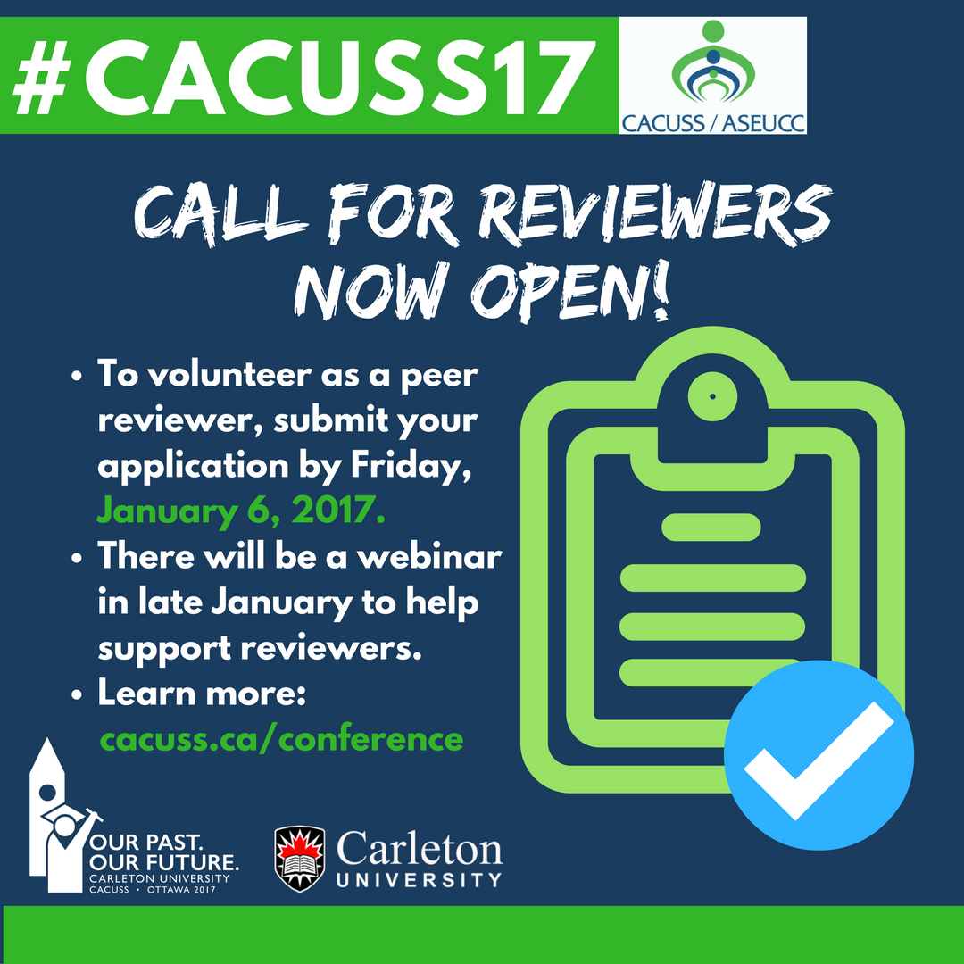 Volunteer as a peer reviewer for #CACUSS17! Applications are now open. Details here: cacuss.ca/conference/Rev… …. #SAcdn #cdnpse