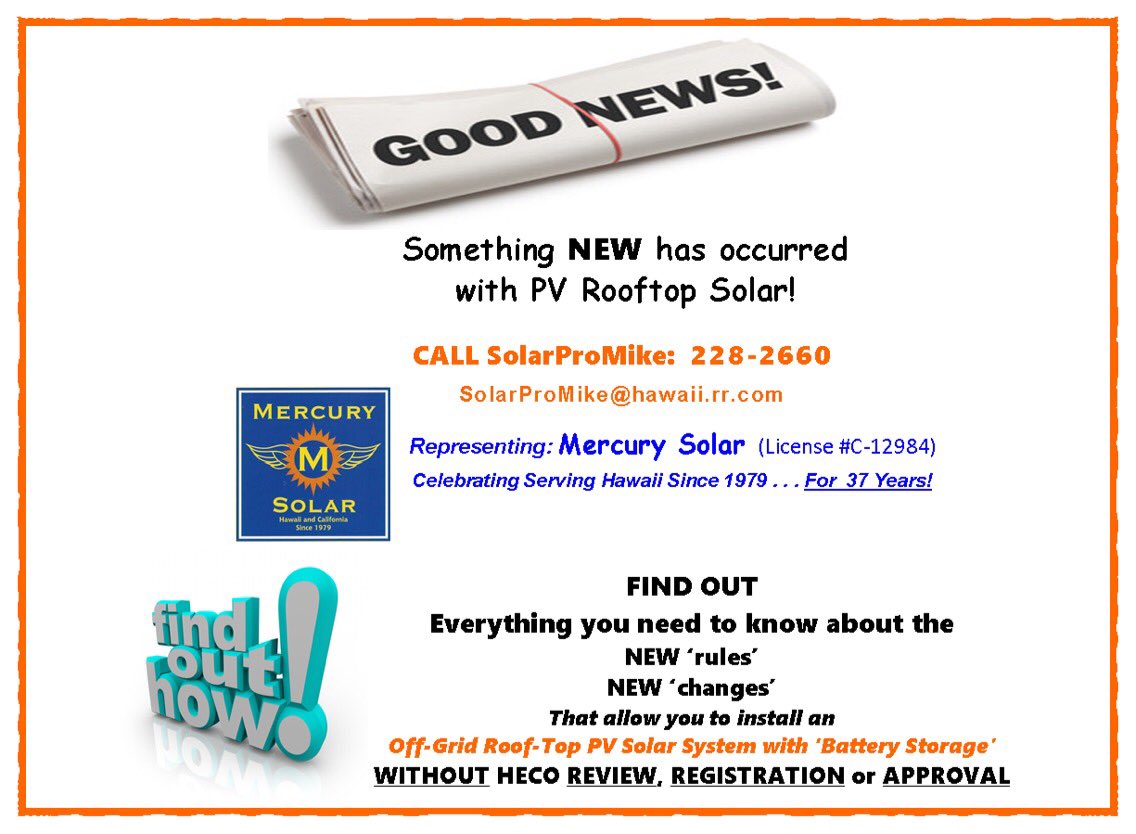 SolarProMike's tweet image. DID YOU KNOW: You CAN install an Off-Grid Roof-Top PV Solar System with Battery Storage WITHOUT HECO REVIEW or APPROVAL?