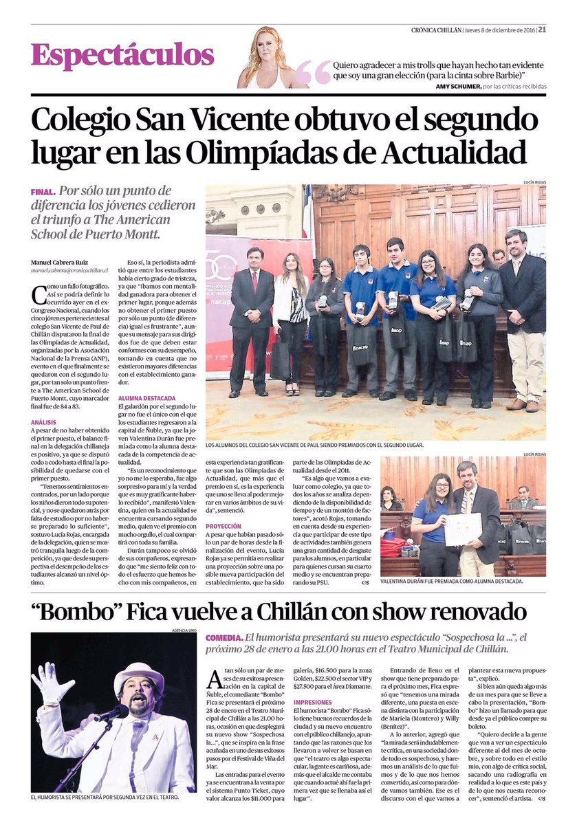 CSVChillan's tweet photo. El segundo lugar de nuestro colegio en las #OA2016 es destacado hoy en portadas e interior de los diarios Crónica Chillán y La Discusión. https://t.co/TyWbcn3dCU