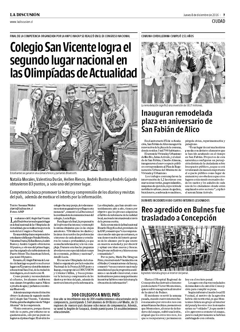 CSVChillan's tweet photo. El segundo lugar de nuestro colegio en las #OA2016 es destacado hoy en portadas e interior de los diarios Crónica Chillán y La Discusión. https://t.co/TyWbcn3dCU