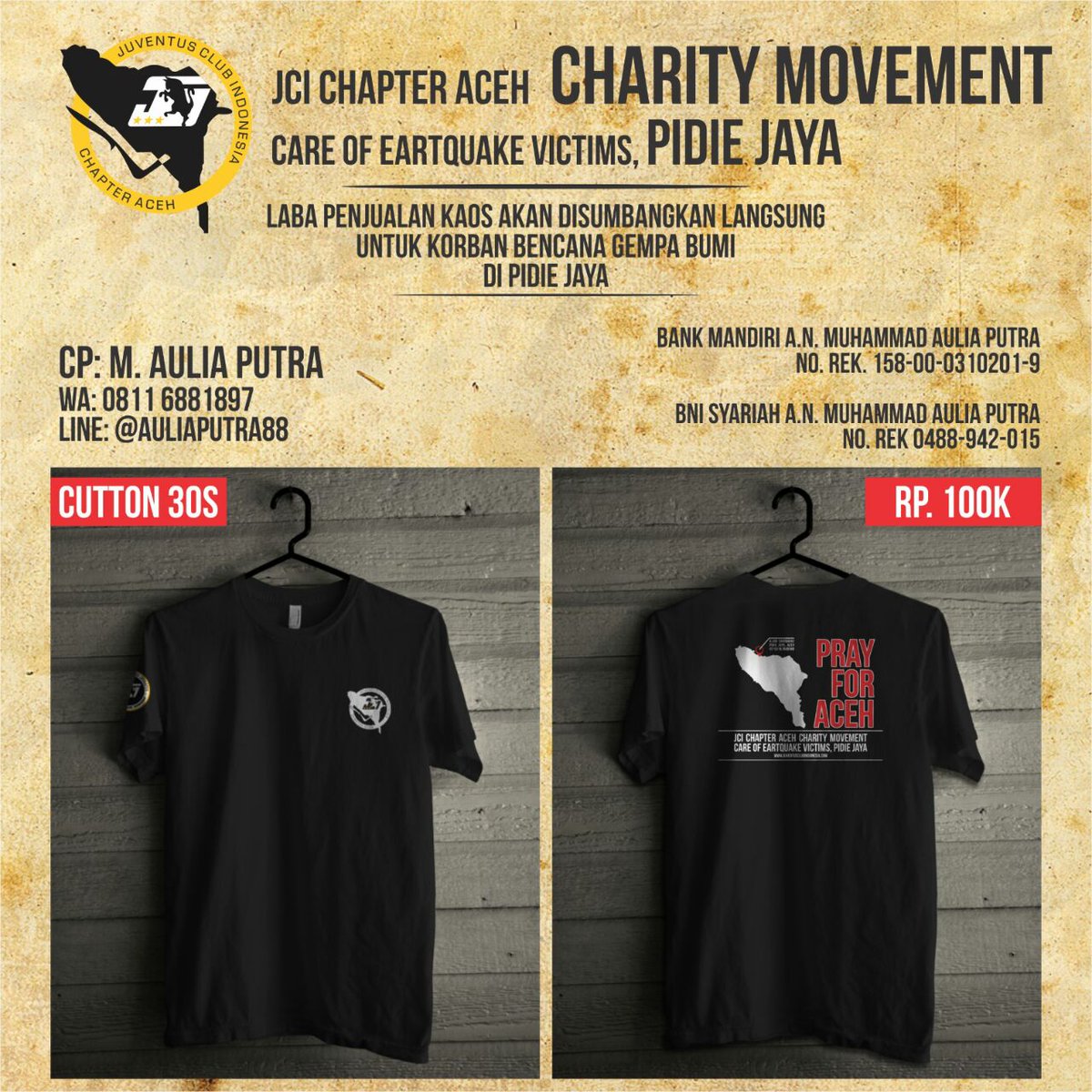 PO Tshirt JCICA Charity Movement. 100% keuntungan dari penjualan tshirt akan di donasikan ke saudara2 kita di Pidie Jaya. #BantuSaudara