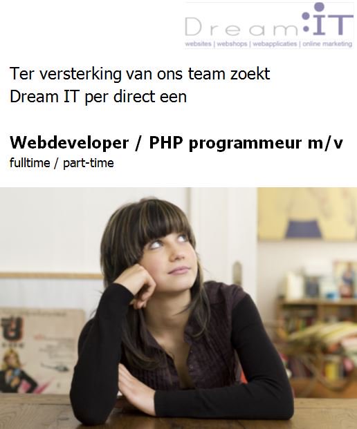 DreamIT_NL's tweet photo. Dream IT zoekt per direct een ervaren Webdeveloper / php programmeur Kijk voor meer info op: https://t.co/H4NDdPpi6S #vacature #php https://t.co/nxRz9Xy3IJ
