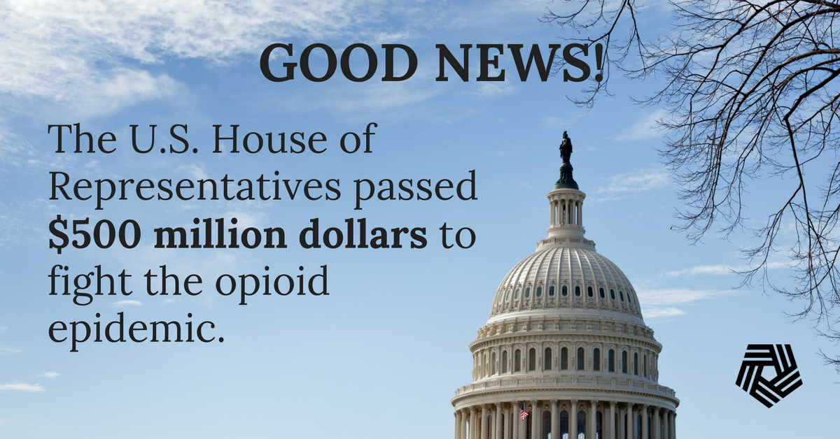 AddictionPolicy's tweet photo. Good news! The House of Representatives just passed $500 million dollars in the CR to fight the opioid epidemic. #129aDay #CURESnow #CARA https://t.co/BSPnpMQopS