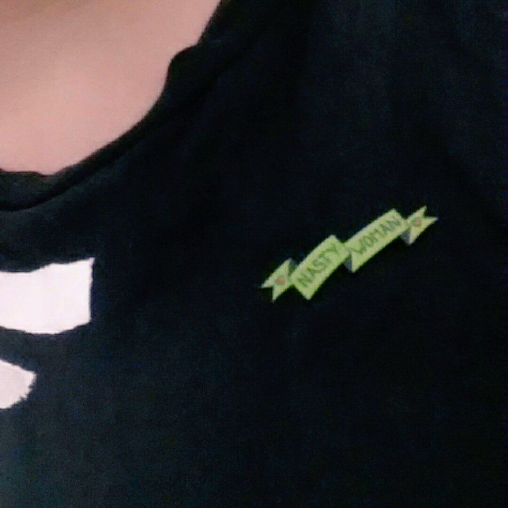 SophiaFrentz's tweet photo. Pairing my nasty woman pin (@pepperraccoon) with my I am a Feminist tee (@TheHouseOfRiot) for max grrl power today https://t.co/RctFqNjHmv