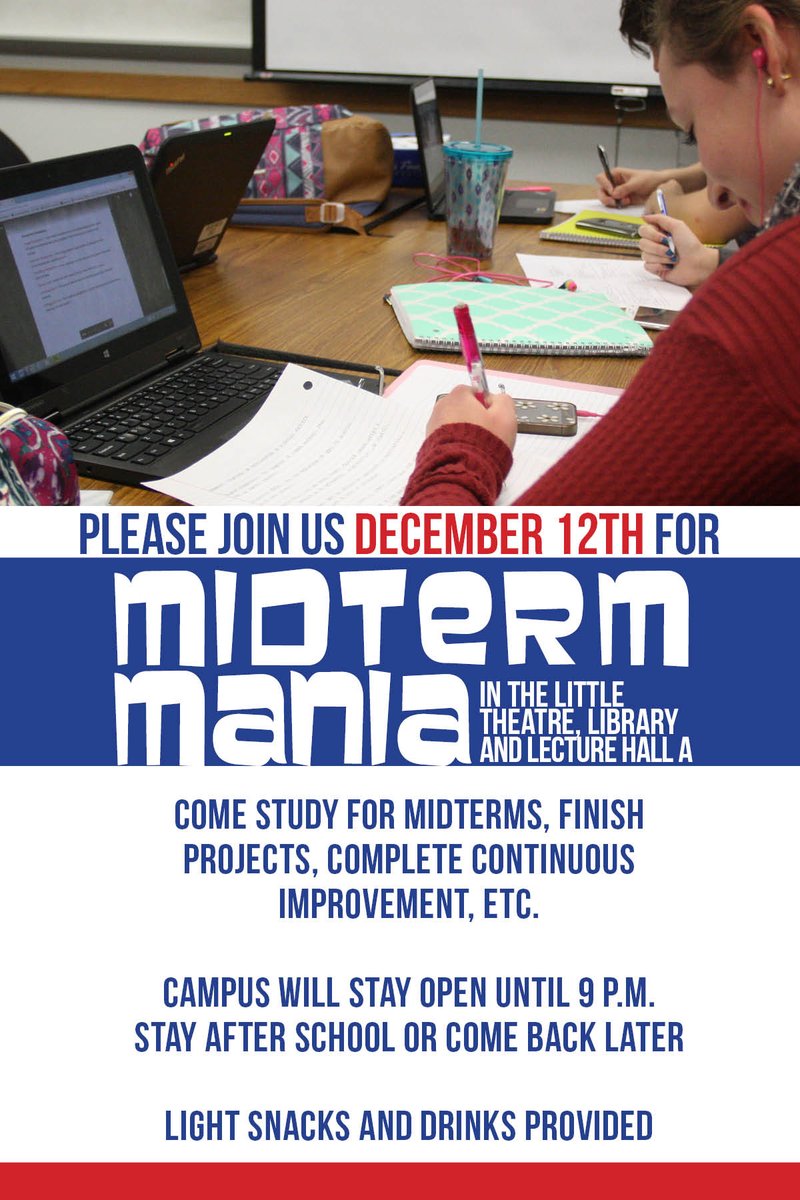 LHSROAR's tweet photo. Dec. 12th - MIDTERM MANIA! For one night only...come study for midterms, finish projects, etc. Campus will stay open until 9 p.m. https://t.co/0DN57iULIl