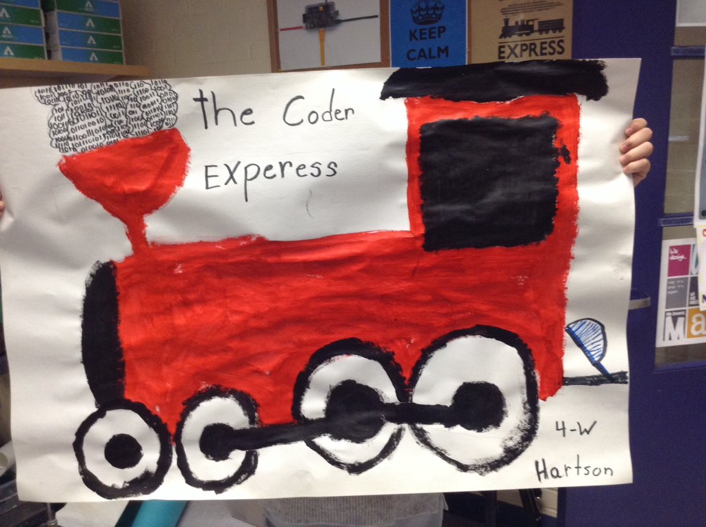 PondCoveTech's tweet photo. G4Ss stayed at in at recess to finish some art work for the #CoderExpress #HourofCode #PondCoveSchool Only 4 hours till doors #edchatme https://t.co/8ekSLhGrCM