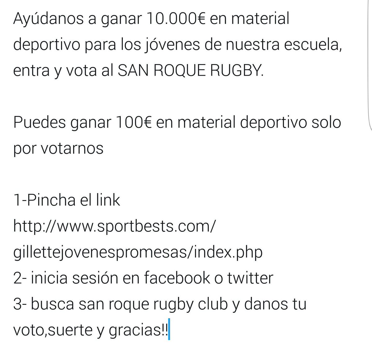 Sanroquerugby's tweet photo. Ayúdanos a ganar 10.000€ en material deportivo para los jóvenes de nuestra escuela,entra y vota al SAN ROQUE RUGBY

https://t.co/Hpq469oWbW https://t.co/1TGU7yD02K
