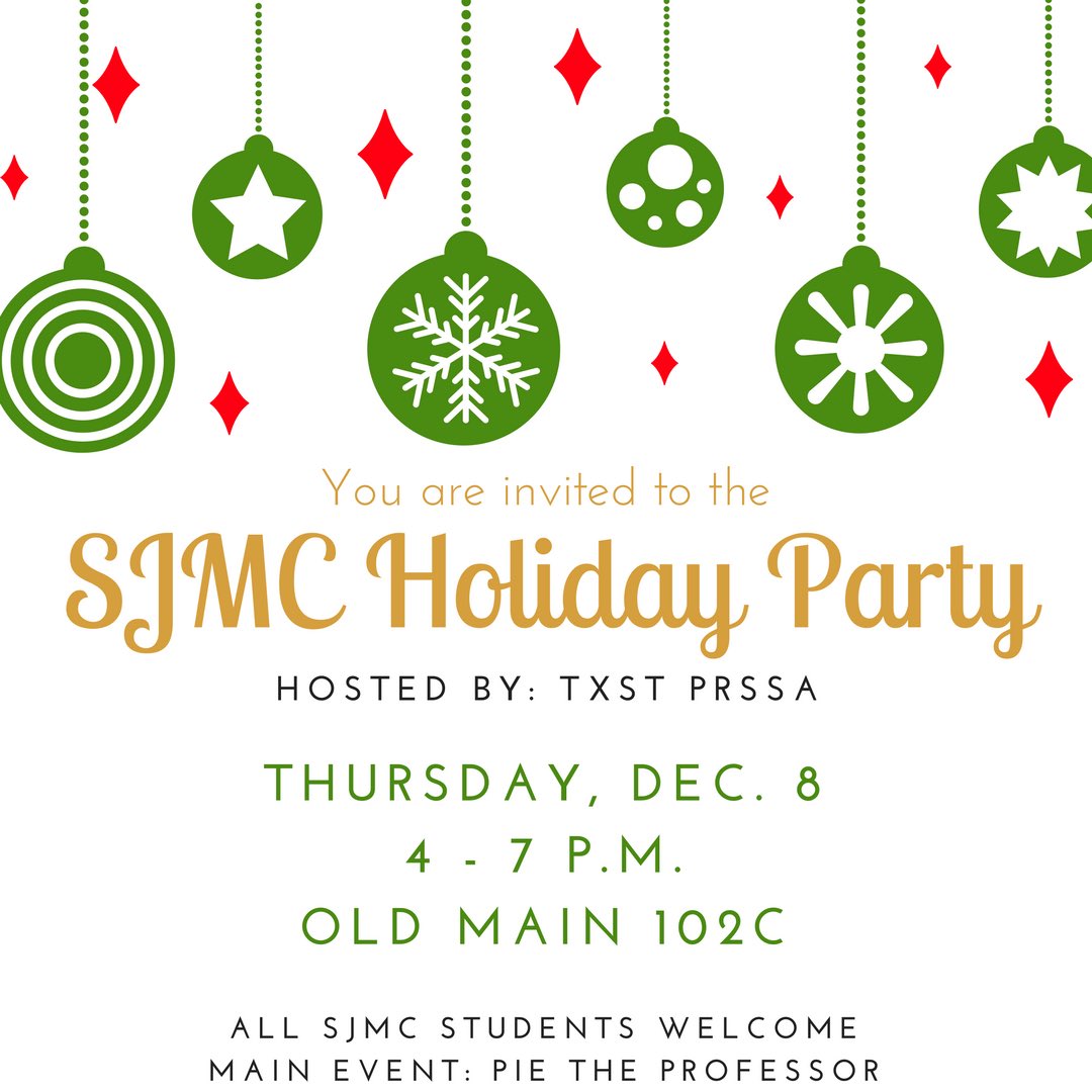 txstprssa's tweet photo. @mis_marisa @pdvilla @jonzmikly @sjmctxst our Holiday Party tonight!!! Come by to see the #PieTheProf 😊🍰 https://t.co/A1OvQSey2B