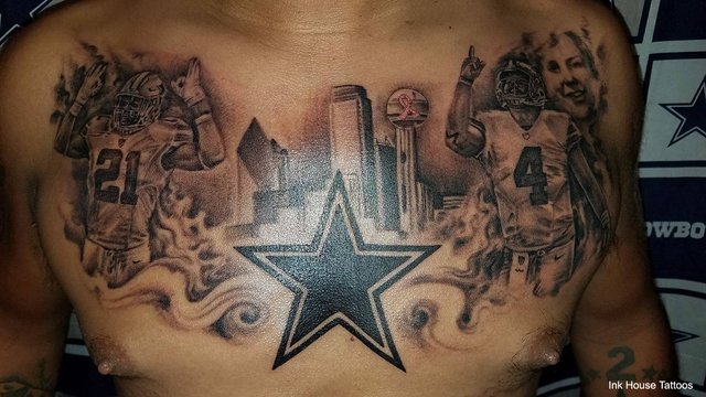 FOX4's tweet photo. Cowboys fan tattoos Dak &amp; Zeke across his chest https://t.co/GDbBUQF9XB https://t.co/JQ2BkG0OIB