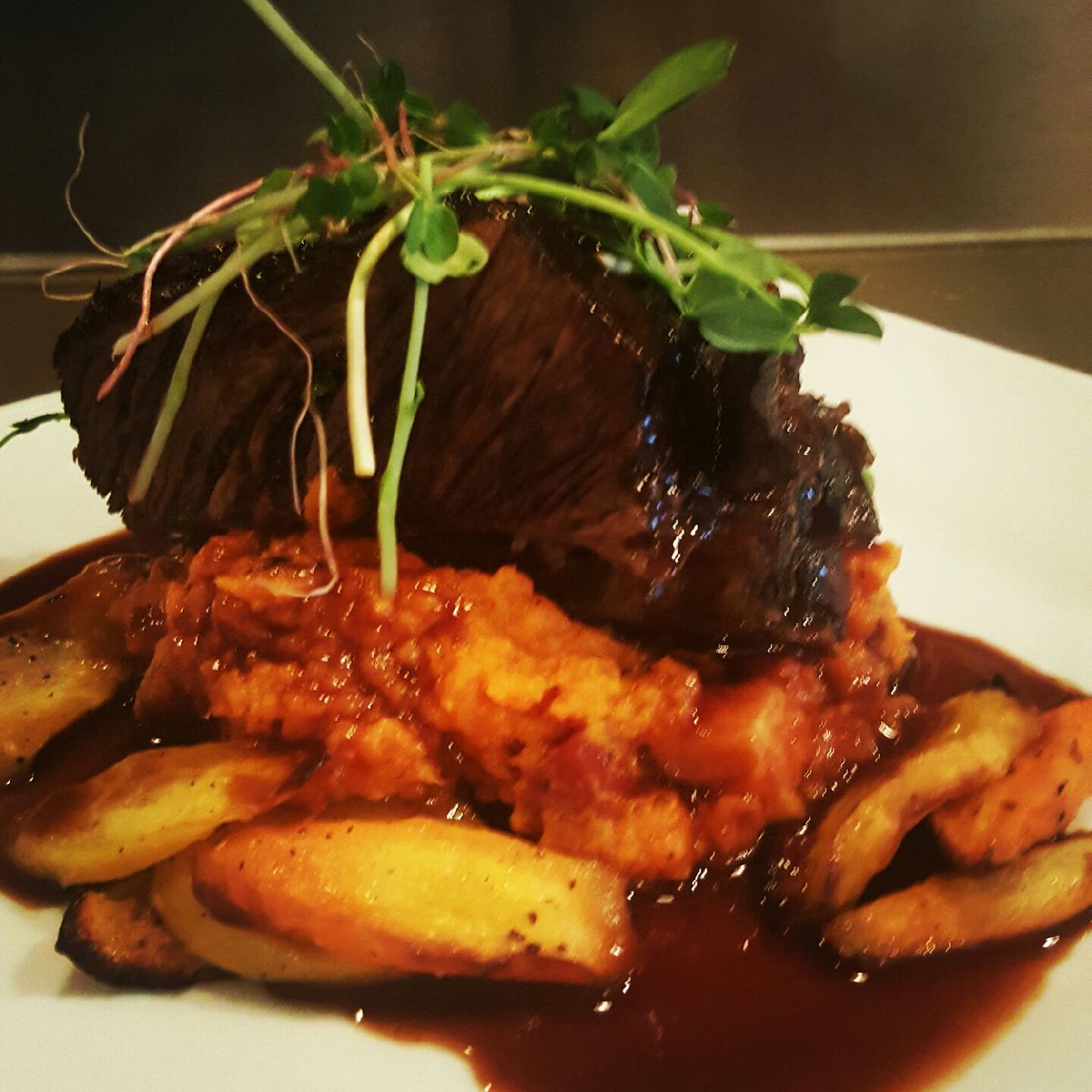 Tonight's special: Paradise Farms boneless short ribs with double smoked bacon and sweet potato mash