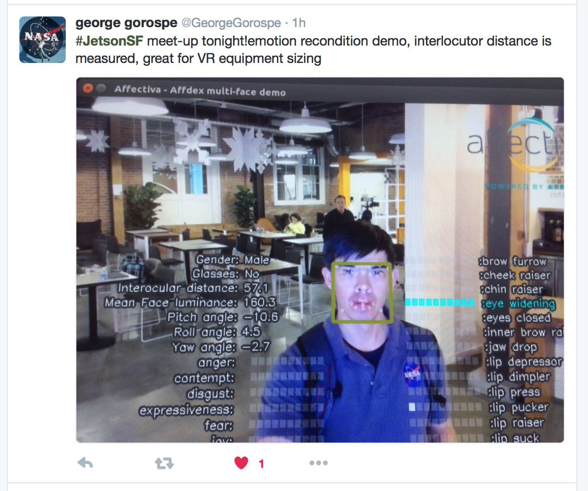 Affectiva's tweet photo. "Affectiva demo was one of the most impressive things we saw" - Awesome event @nvidia #JetsonSF and great interest in our #EmotionAI Tech! https://t.co/3r4DvtC9Yf