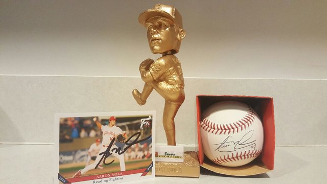 ReadingFightins's tweet image. Day #10 of the Giveaways! RT or LIKE this to win an Aaron Nola signed card, ball and golden bobblehead! Winner chosen at 5PM tonight!