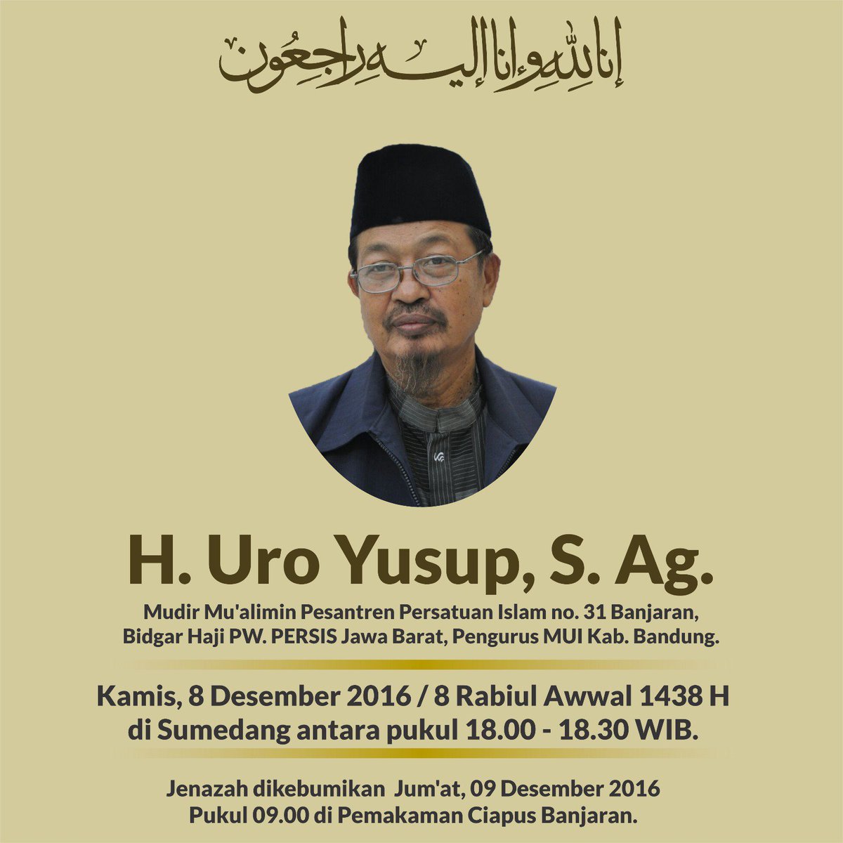 Kami keluarga besar Ikatan Pelajar Persis  turut berduka cita atas wafatnya H. Uro yusuf. إنا لله و إنا إليه راجعون