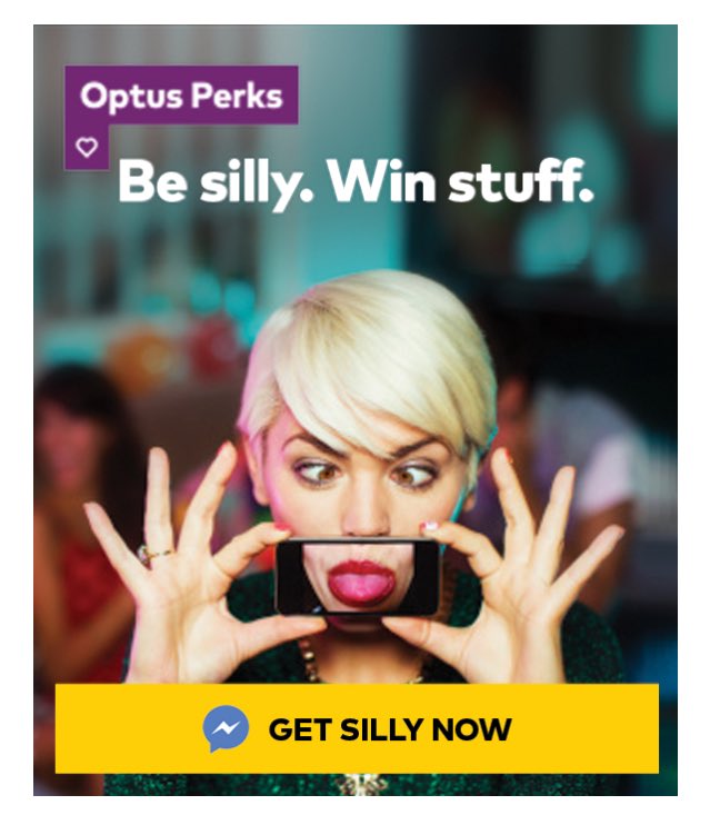 AndyKe11y's tweet image. Clever way from @Optus to engage customers with their Facebook Messenger challenge bot #GetSillyNow optusperks.com.au/competition8