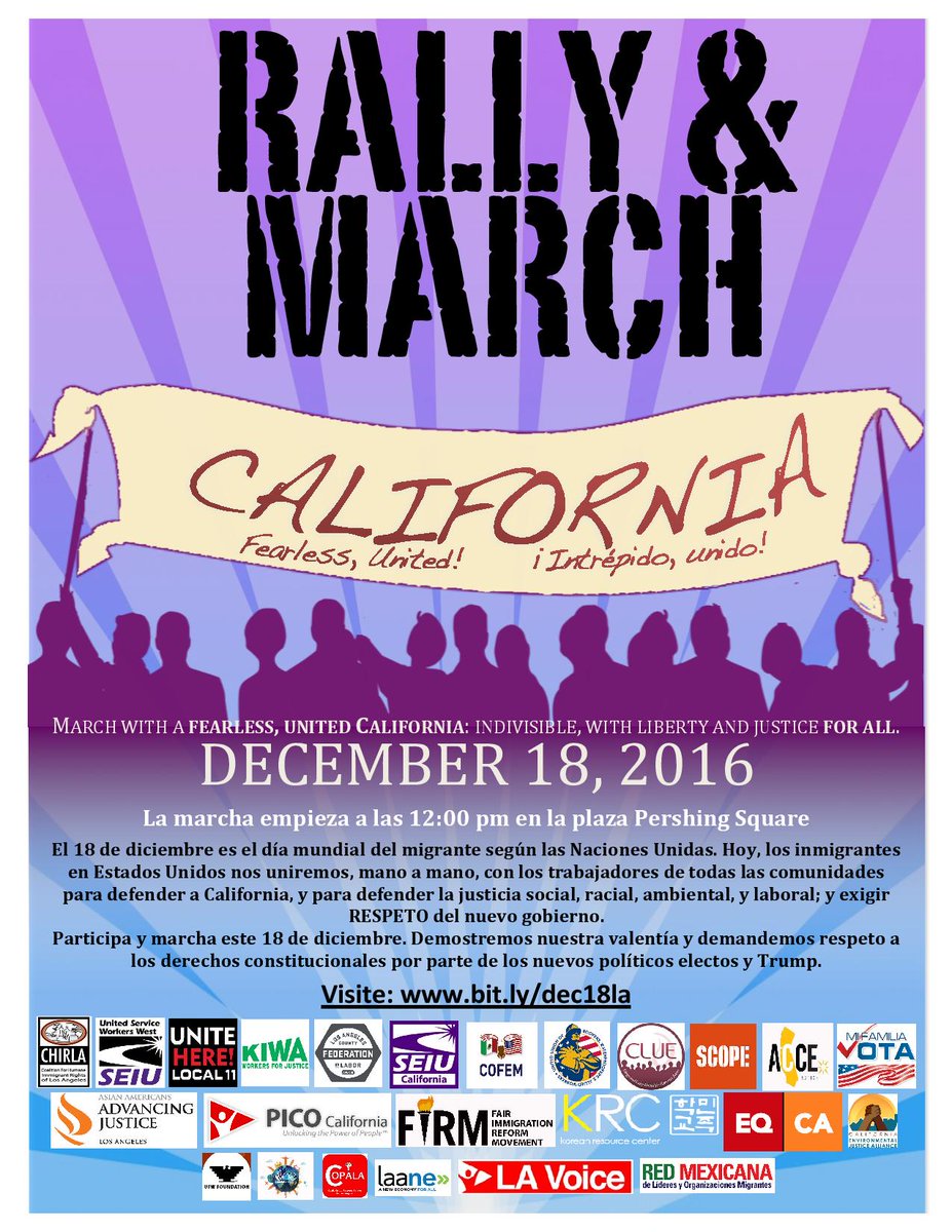 Carecen_LA's tweet photo. Mark your calendars to #defendcalifornia rally and march happening on Sunday, Dec 18th @ 12pm in Pershing Square! https://t.co/ikCbRkpqgh