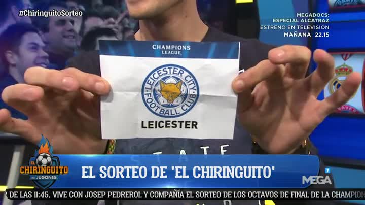 elchiringuitotv's tweet photo. ¡El Real Madrid YA TIENE RIVAL en el #ChiringuitoSorteo! El Leicester, RIVAL del equipo de Zidane. ¡SÍGUELO en DIRECTO en MEGA! https://t.co/U0YIaSaAA2