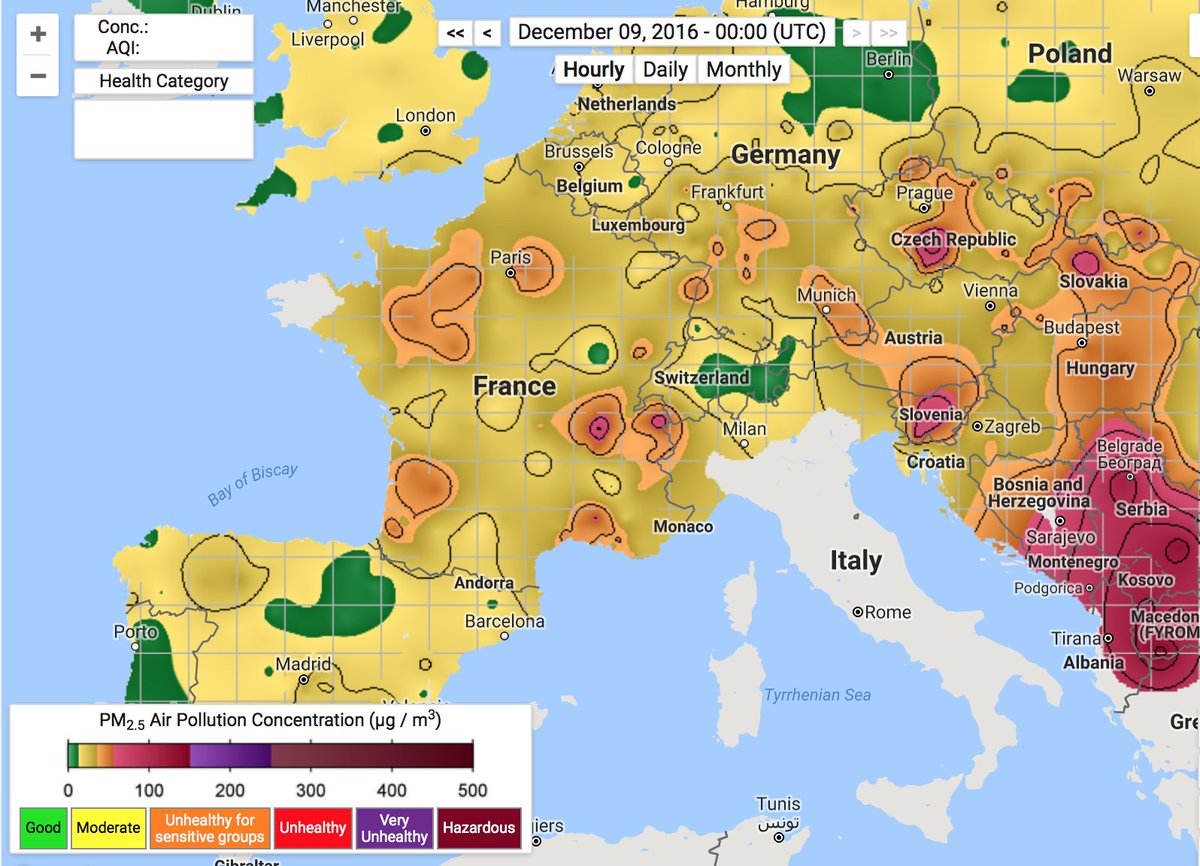 Air pollution in Europe is widespread, not simply concentrated in Paris. See berkeleyearth.org/air-pollution-… for a map updated every hour.