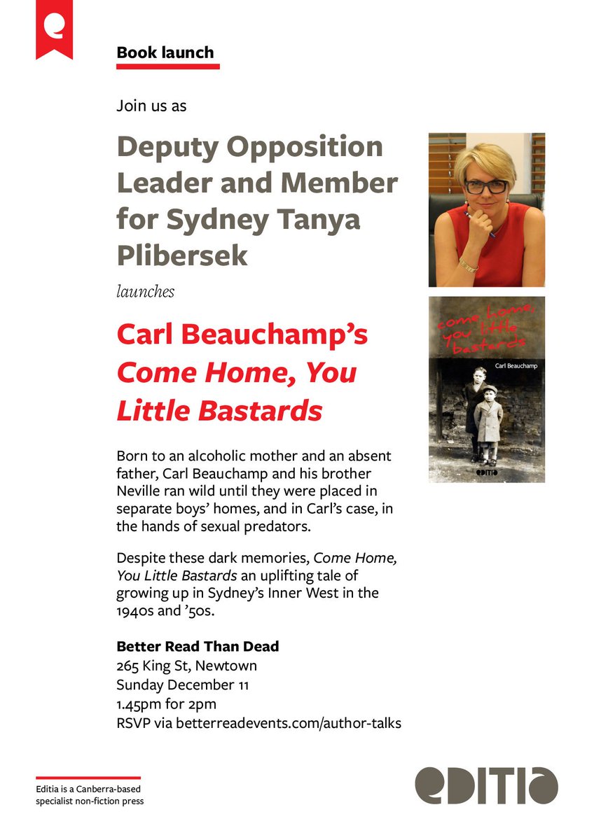 editia's tweet image. Thrilled @tanya_plibersek will launch #comehomeyoulittlebastards at @BReadTDead 1.35pm Sun editia.com/tanya-pliberse…