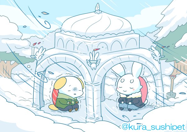 「しゃりうさ「せっかく雪が積もったわけだし、カマクラを作ってみたんだけど。どうかな」|すしペットのイラスト
