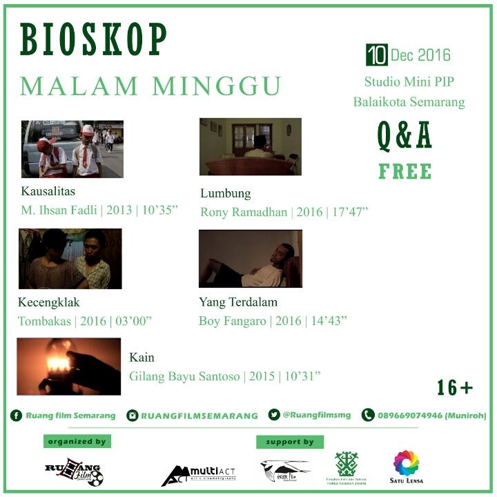 [Bioskop Malam Minggu]

Free
Sabtu, 10 Desember 2016
18.30 WIB
Studio mini PIP Balaikota Semarang