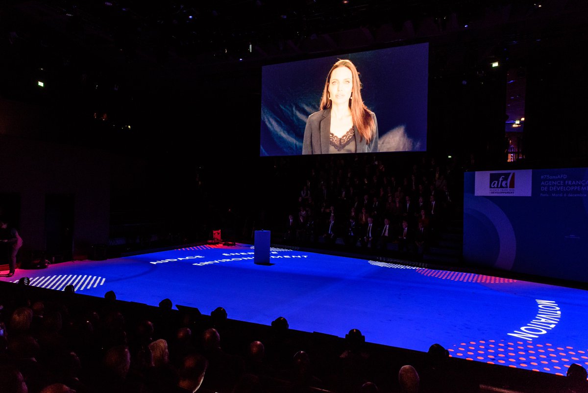AFD_en's tweet photo. #UNHCR Special Envoy Angelina Jolie addressed a video message to France connecting our history to the #RefugeeCrisis at our #75ansAFD. https://t.co/mtMKKm19aW
