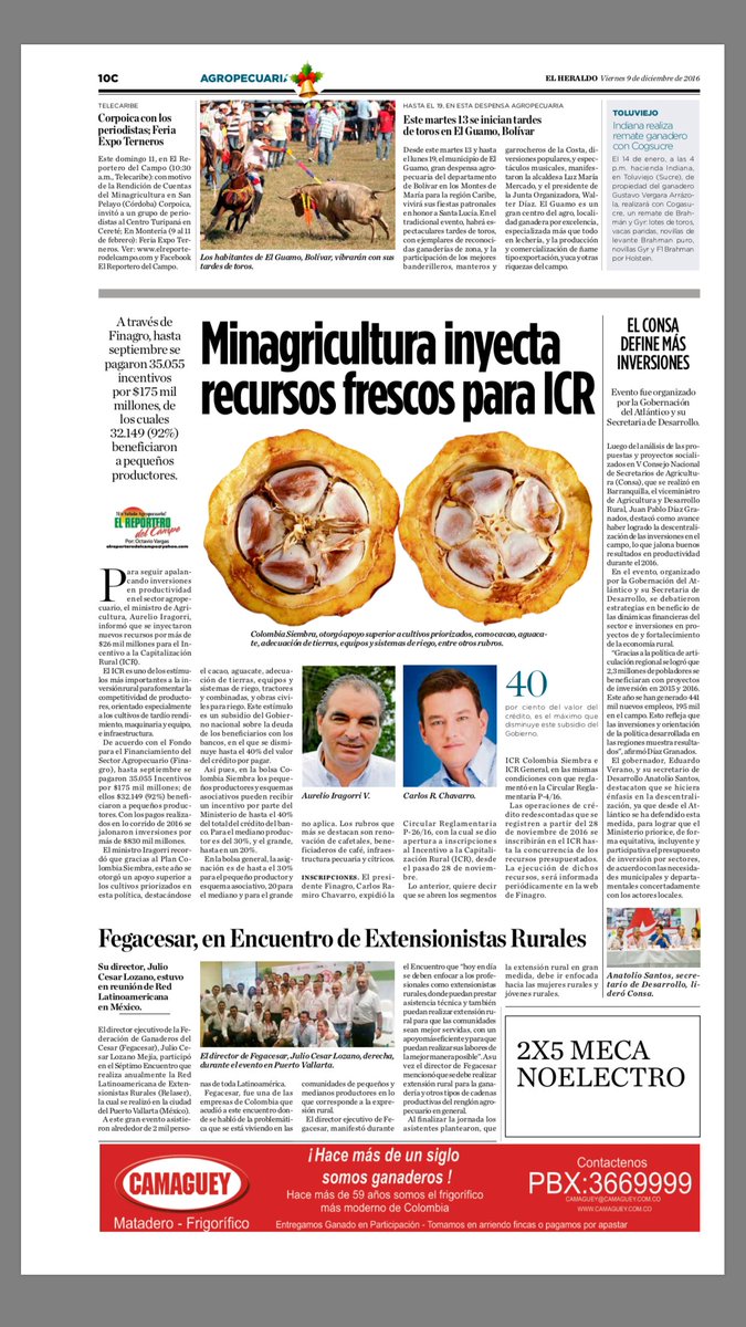 repordelcampo's tweet photo. Esta es la página de @elheraldoco de las #Noticias de  hoy 9 de Diciembre
Temas:
-MINAGRICULTURA
-CONSA
-FEGACESAR - ICA
-EL GUAMO
-INDIANA. https://t.co/8kLxHZTf3M
